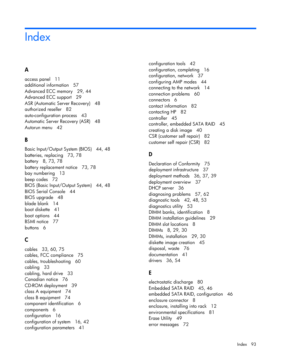 Index | HP BL260c User Manual | Page 93 / 96