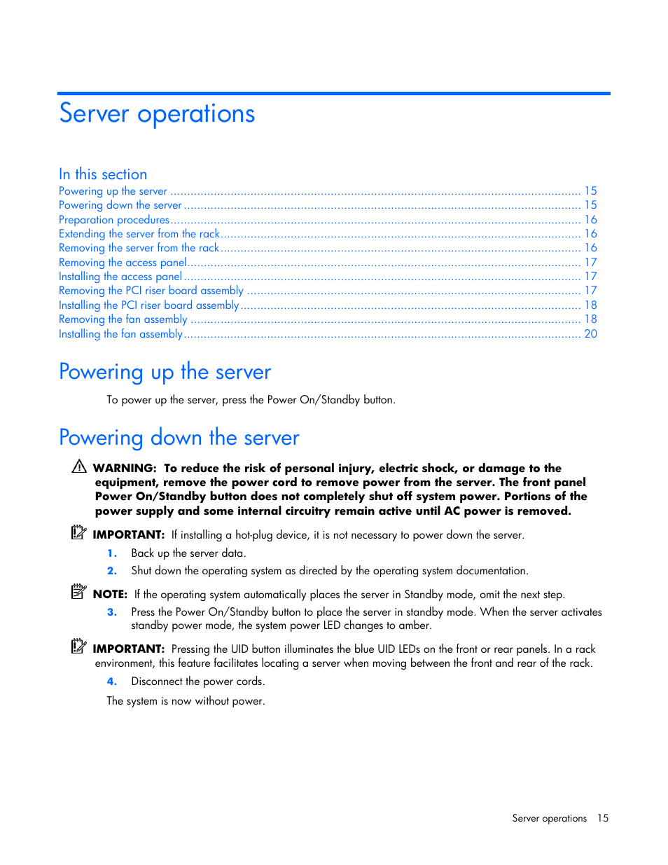 Server operations, Powering up the server, Powering down the server | HP AMS DL320 User Manual | Page 15 / 86