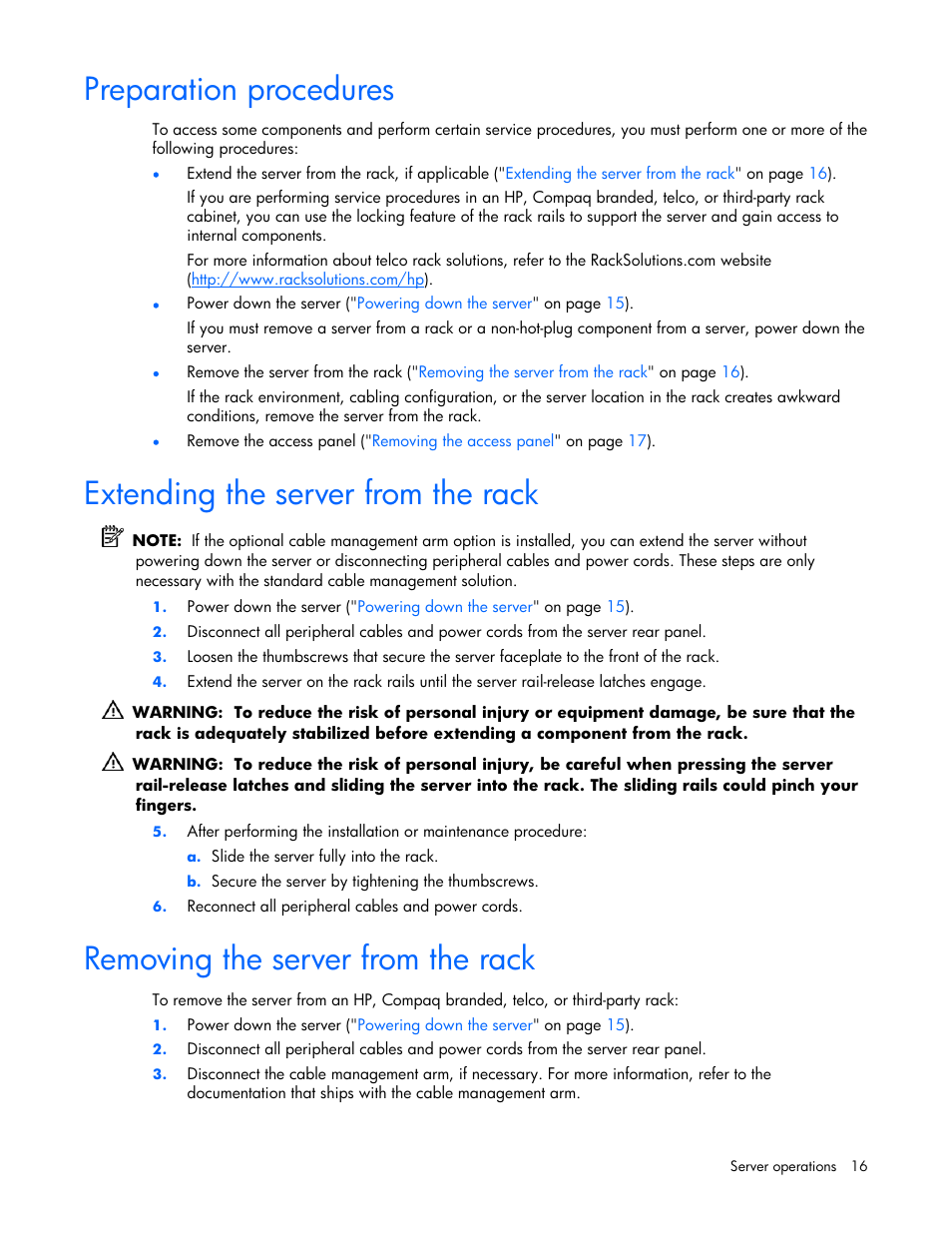 Preparation procedures, Extending the server from the rack, Removing the server from the rack | 16 extending the server from the rack, 16 removing the server from the rack | HP AMS DL320 User Manual | Page 16 / 86