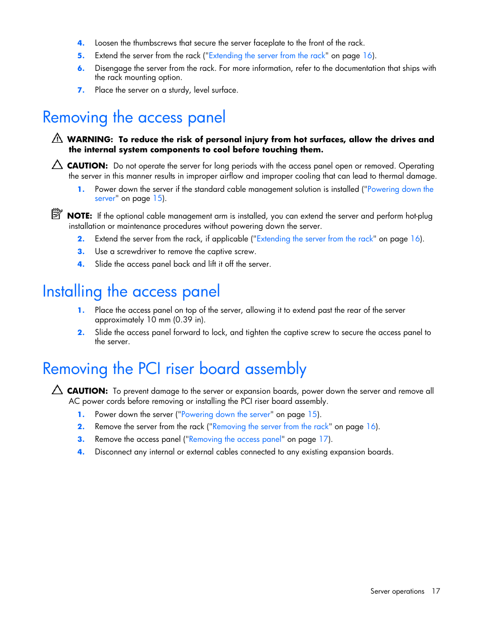 Removing the access panel, Installing the access panel, Removing the pci riser board assembly | 17 installing the access panel, 17 removing the pci riser board assembly | HP AMS DL320 User Manual | Page 17 / 86