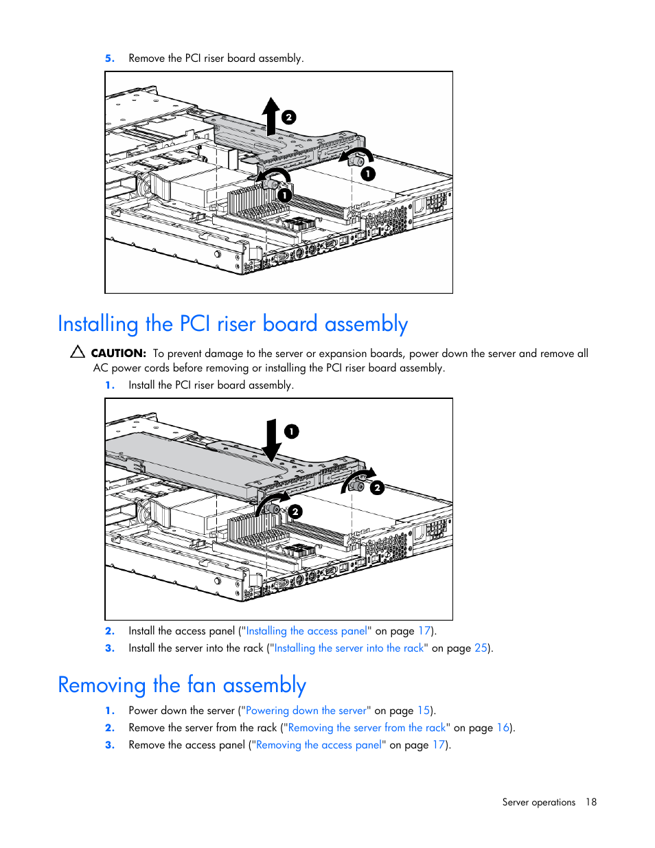 Installing the pci riser board assembly, Removing the fan assembly, 18 removing the fan assembly | HP AMS DL320 User Manual | Page 18 / 86