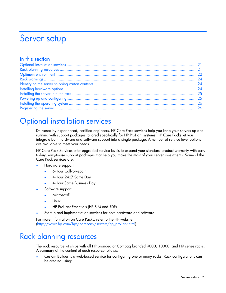 Server setup, Optional installation services, Rack planning resources | HP AMS DL320 User Manual | Page 21 / 86