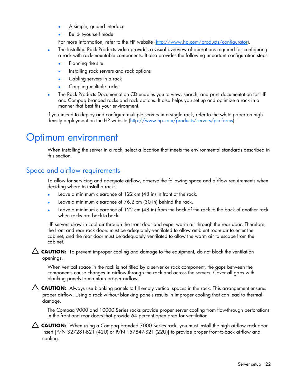 Optimum environment, Space and airflow requirements | HP AMS DL320 User Manual | Page 22 / 86