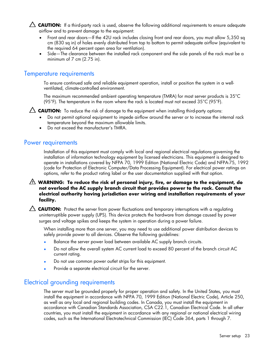 Temperature requirements, Power requirements, Electrical grounding requirements | HP AMS DL320 User Manual | Page 23 / 86