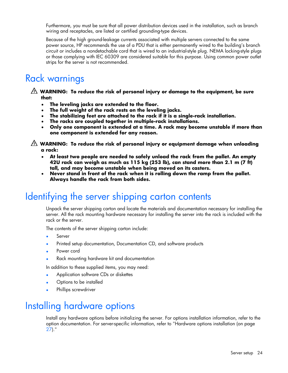 Rack warnings, Identifying the server shipping carton contents, Installing hardware options | 24 identifying the server shipping carton contents, 24 installing hardware options | HP AMS DL320 User Manual | Page 24 / 86