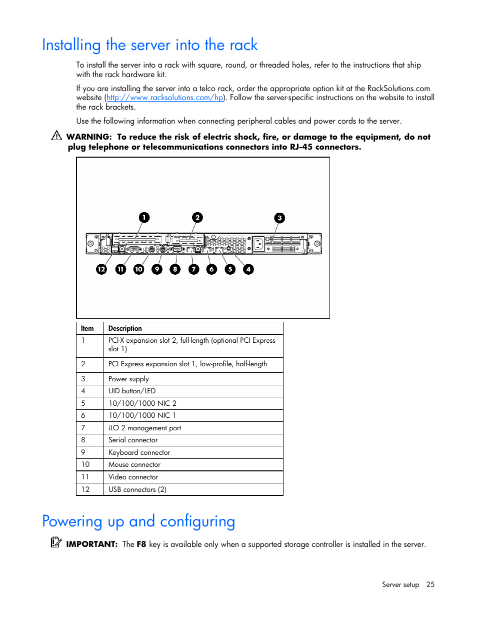 Installing the server into the rack, Powering up and configuring, 25 powering up and configuring | HP AMS DL320 User Manual | Page 25 / 86