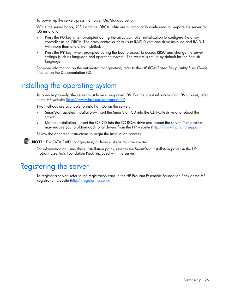 Installing the operating system, Registering the server, 26 registering the server | HP AMS DL320 User Manual | Page 26 / 86