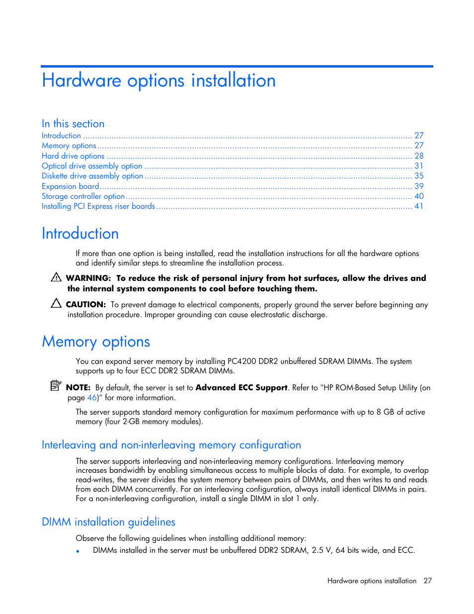 Hardware options installation, Introduction, Memory options | Dimm installation guidelines | HP AMS DL320 User Manual | Page 27 / 86