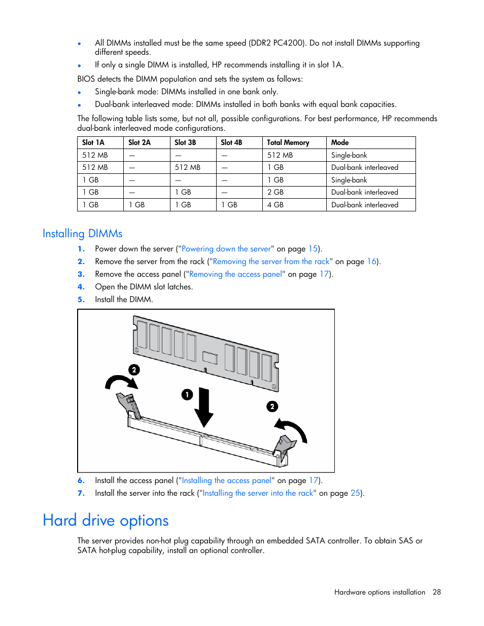 Installing dimms, Hard drive options | HP AMS DL320 User Manual | Page 28 / 86