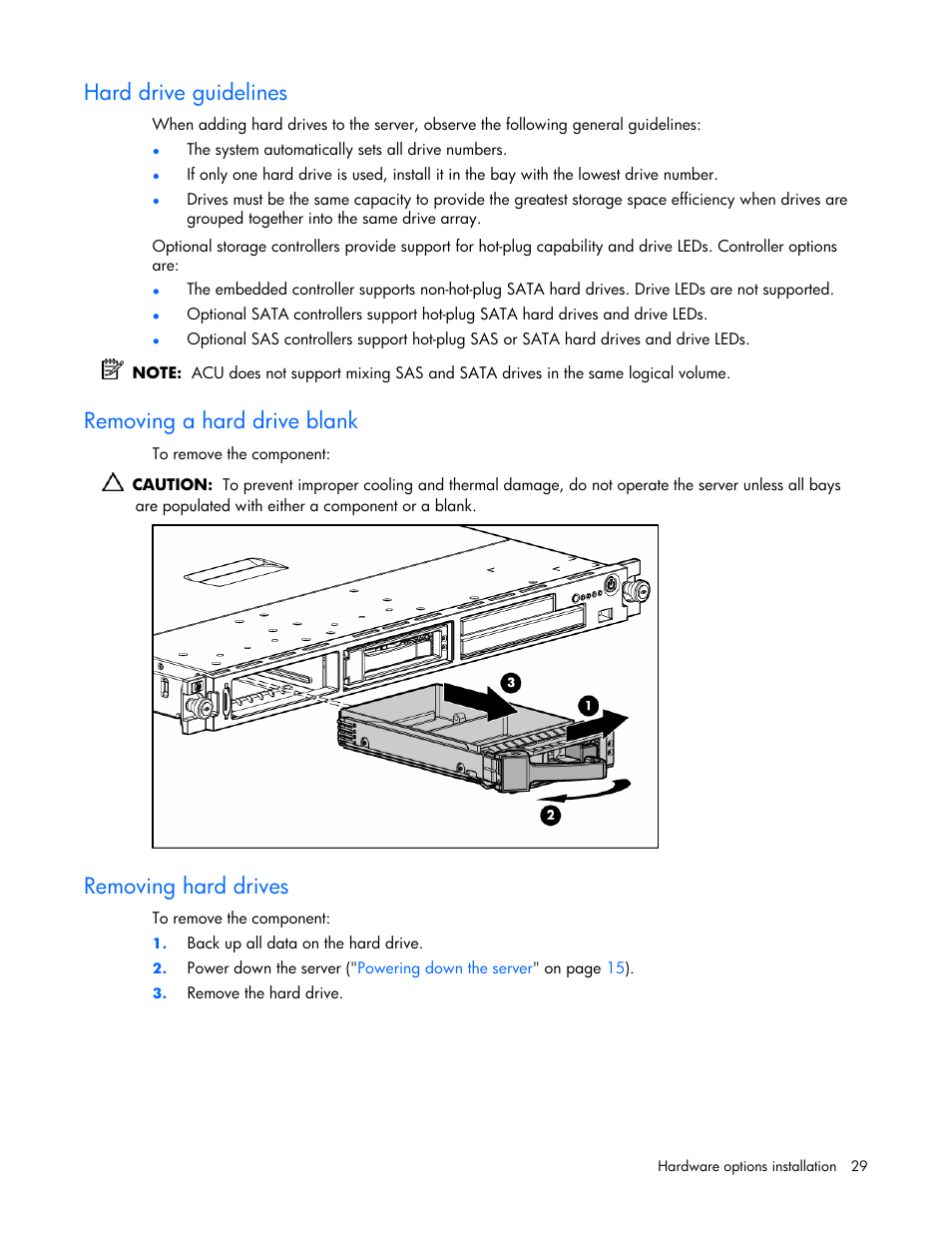 Hard drive guidelines, Removing a hard drive blank, Removing hard drives | HP AMS DL320 User Manual | Page 29 / 86