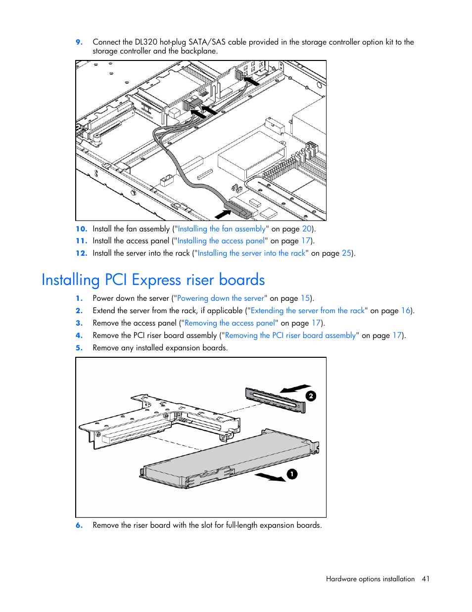 Installing pci express riser boards | HP AMS DL320 User Manual | Page 41 / 86