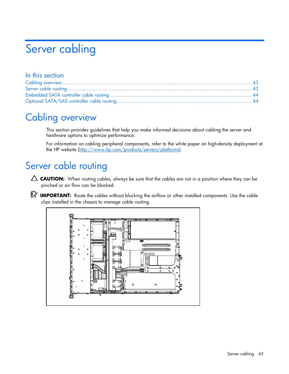 Server cabling, Cabling overview, Server cable routing | HP AMS DL320 User Manual | Page 43 / 86