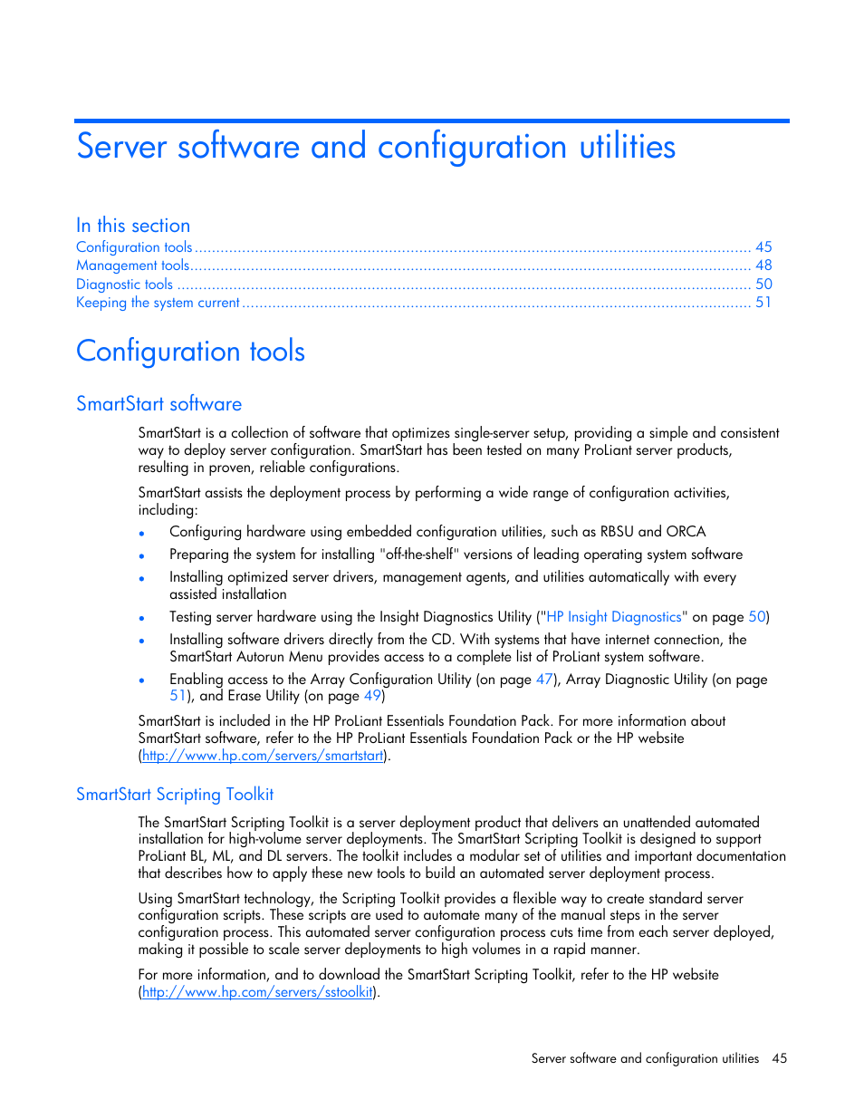 Server software and configuration utilities, Configuration tools, Smartstart software | Smartstart scripting toolkit | HP AMS DL320 User Manual | Page 45 / 86