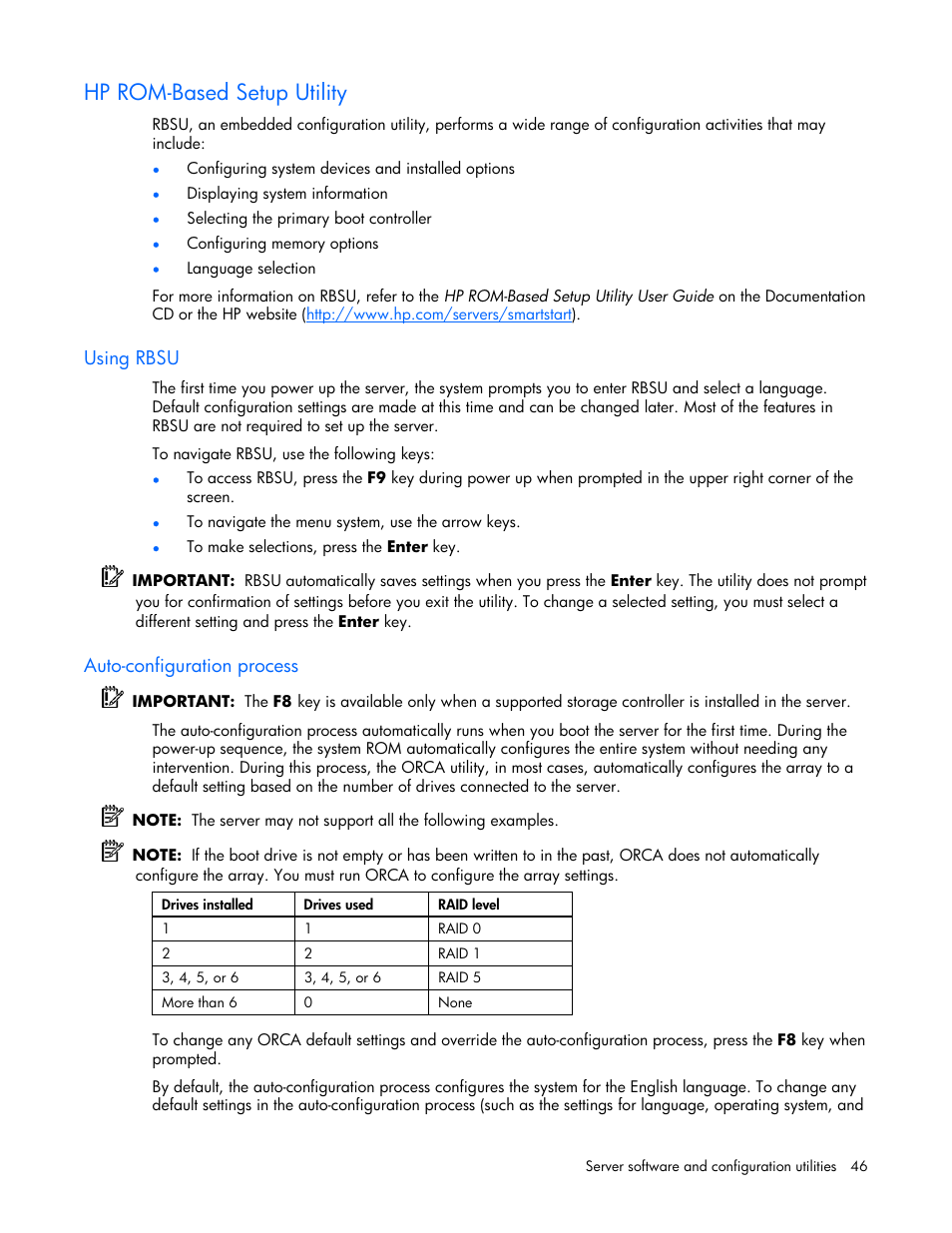 Hp rom-based setup utility, Using rbsu, Auto-configuration process | HP AMS DL320 User Manual | Page 46 / 86