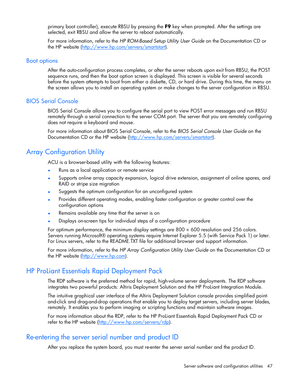 Boot options, Bios serial console, Array configuration utility | Hp proliant essentials rapid deployment pack, Array diagnostic | HP AMS DL320 User Manual | Page 47 / 86