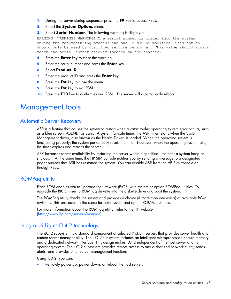 Management tools, Automatic server recovery, Rompaq utility | Integrated lights-out 2 technology | HP AMS DL320 User Manual | Page 48 / 86