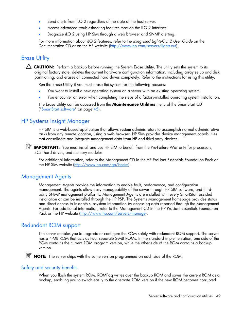 Erase utility, Hp systems insight manager, Management agents | Redundant rom support, Safety and security benefits | HP AMS DL320 User Manual | Page 49 / 86