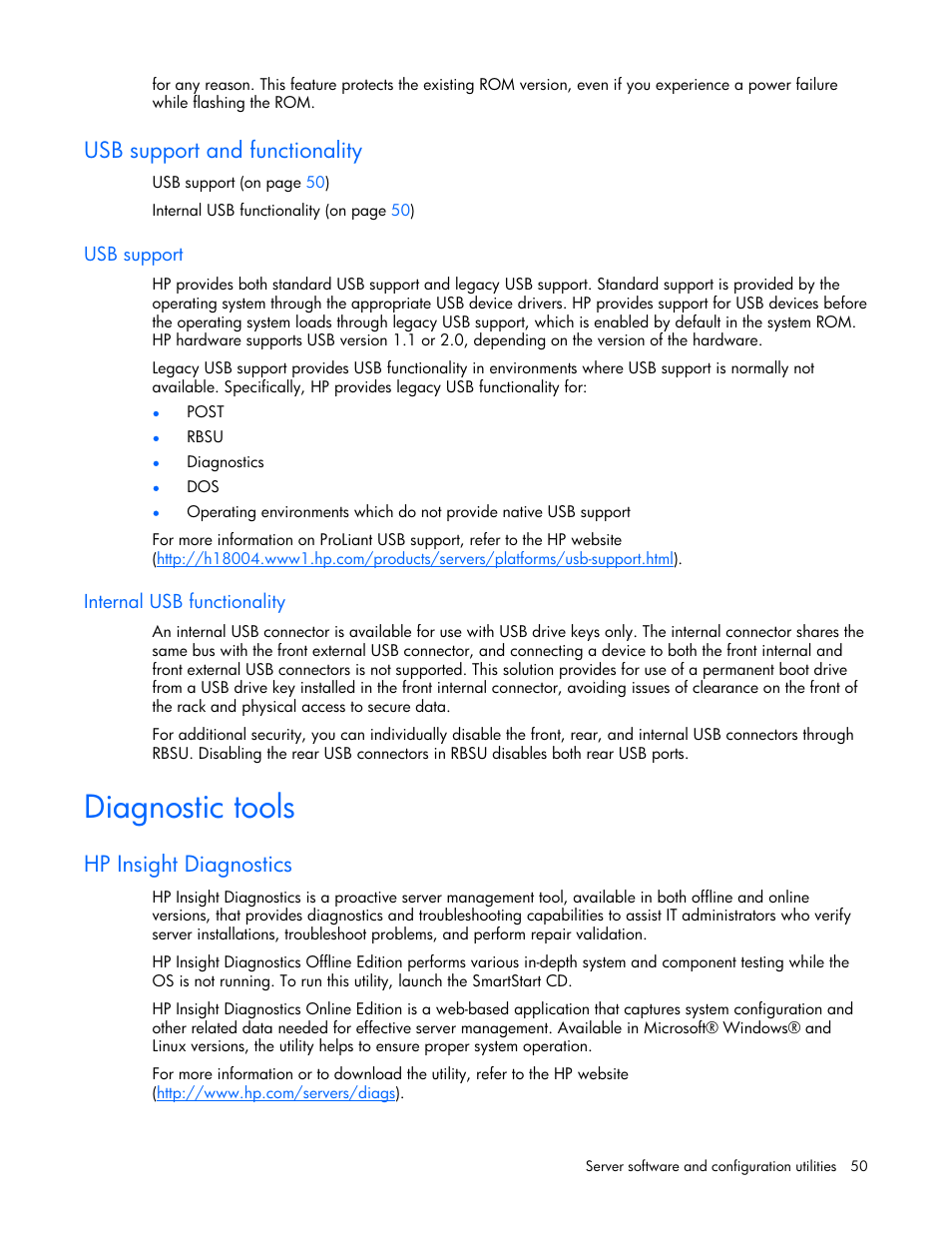 Usb support and functionality, Usb support, Internal usb functionality | Diagnostic tools, Hp insight diagnostics | HP AMS DL320 User Manual | Page 50 / 86