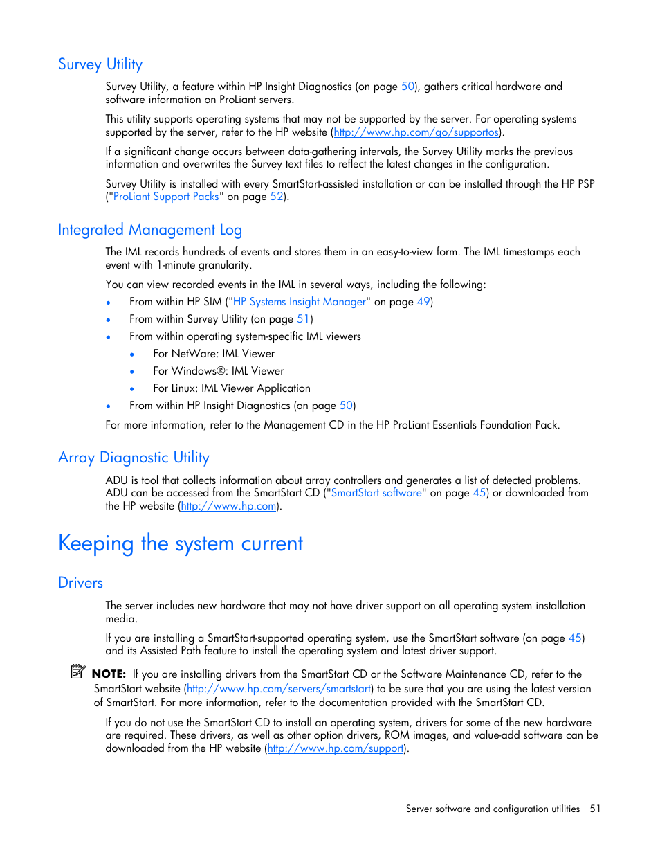 Survey utility, Integrated management log, Array diagnostic utility | Keeping the system current, Drivers, And erase utility (on p | HP AMS DL320 User Manual | Page 51 / 86