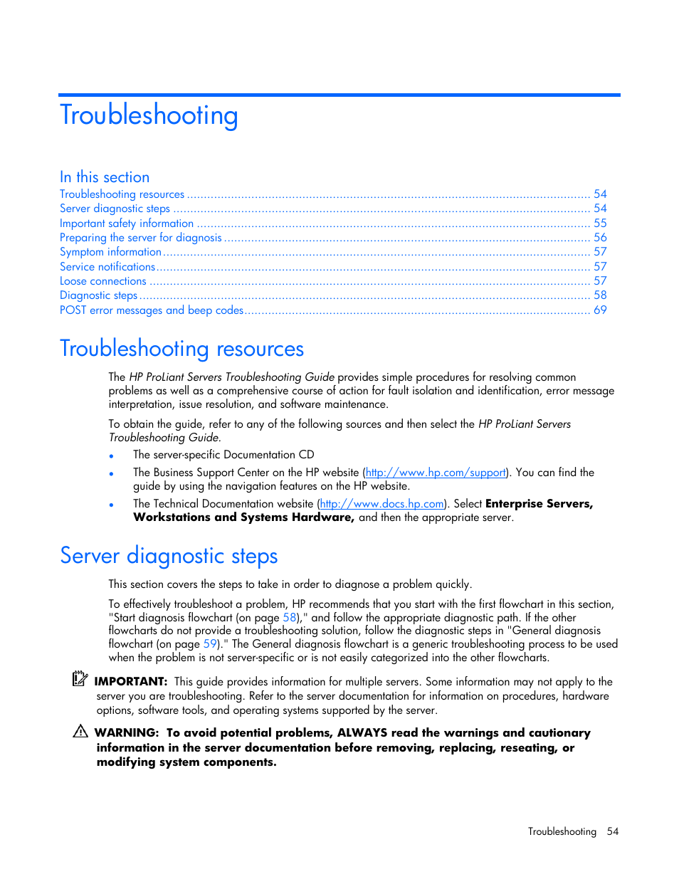 Troubleshooting, Troubleshooting resources, Server diagnostic steps | HP AMS DL320 User Manual | Page 54 / 86