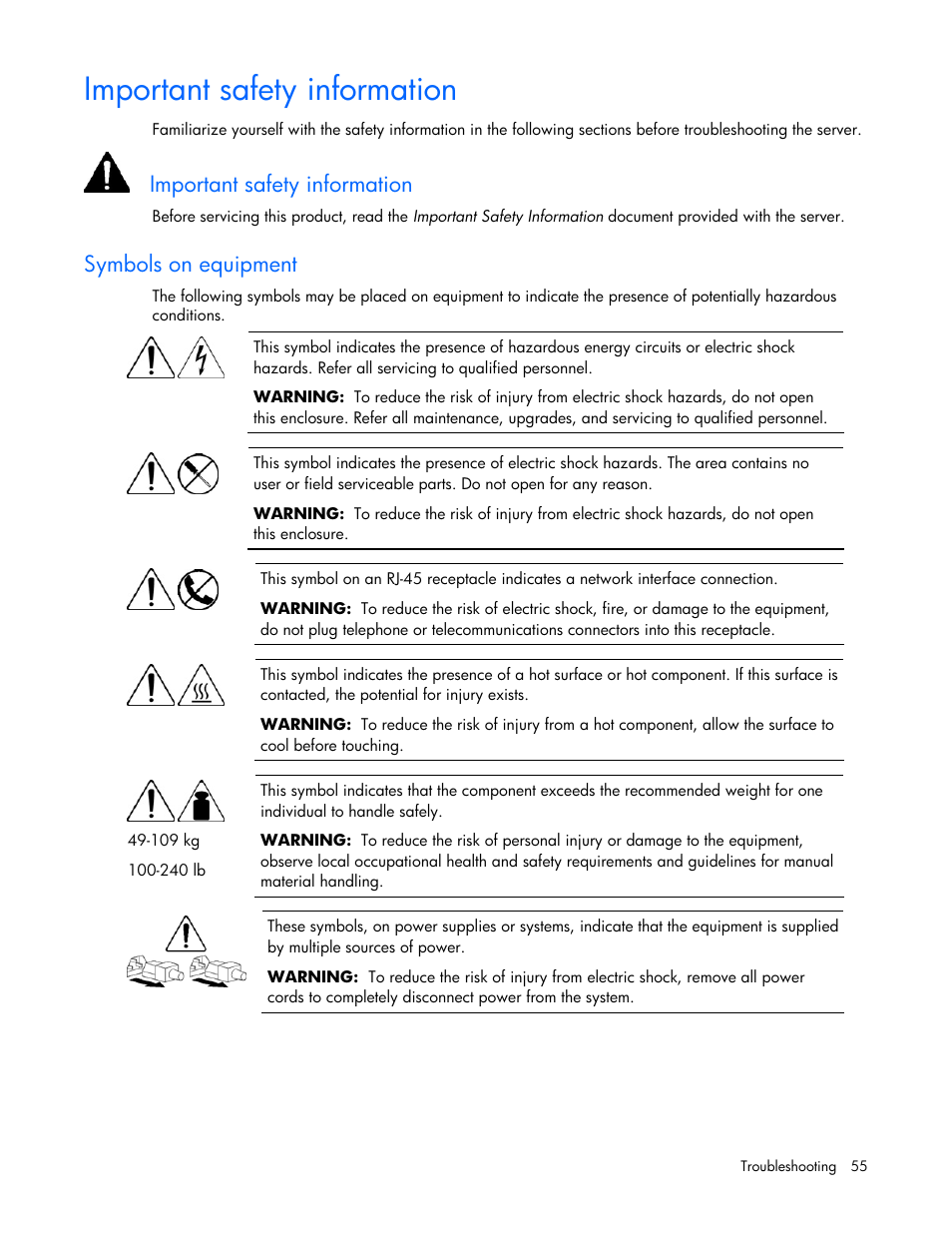 Important safety information, Symbols on equipment | HP AMS DL320 User Manual | Page 55 / 86