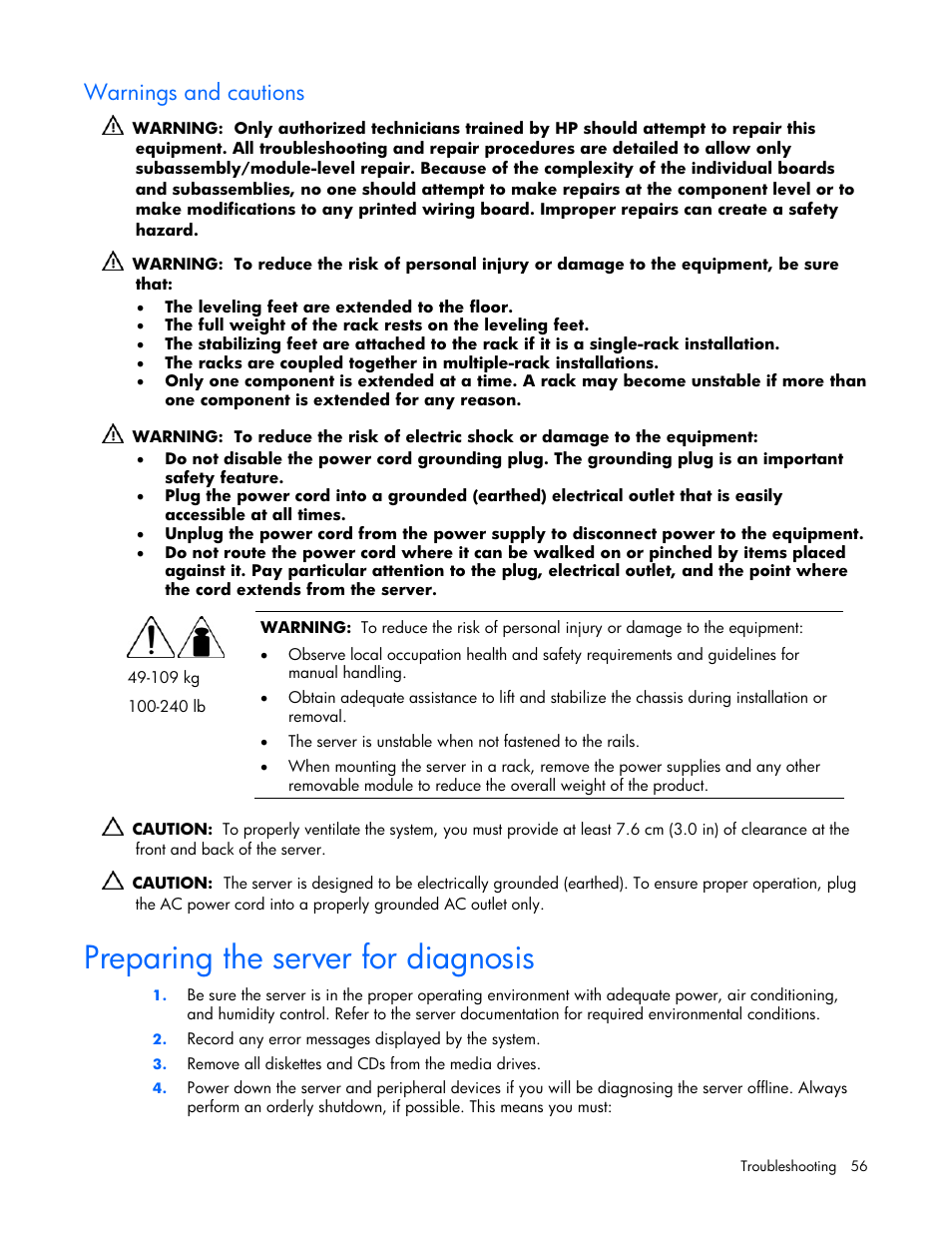 Warnings and cautions, Preparing the server for diagnosis | HP AMS DL320 User Manual | Page 56 / 86