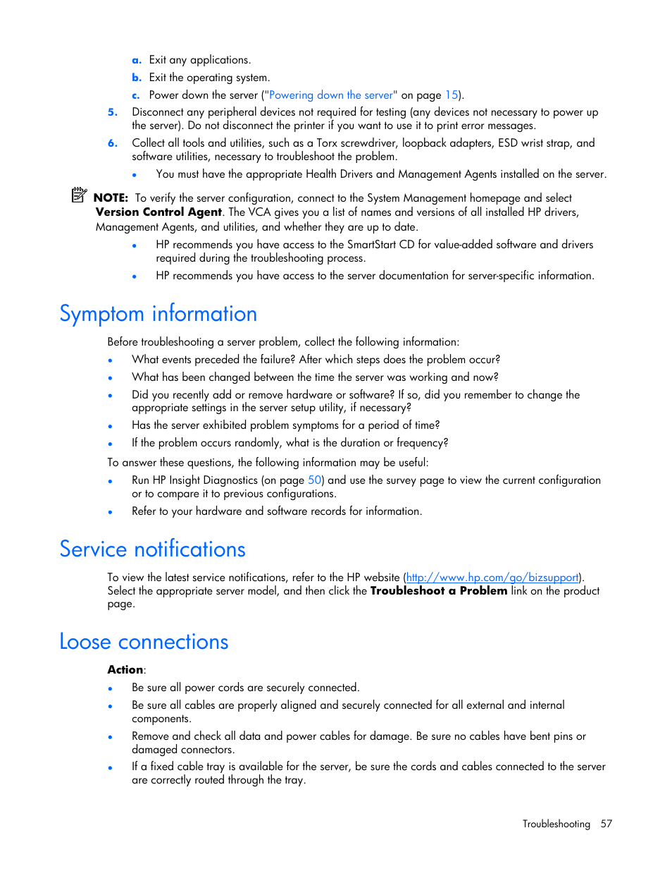 Symptom information, Service notifications, Loose connections | 57 service notifications, 57 loose connections | HP AMS DL320 User Manual | Page 57 / 86