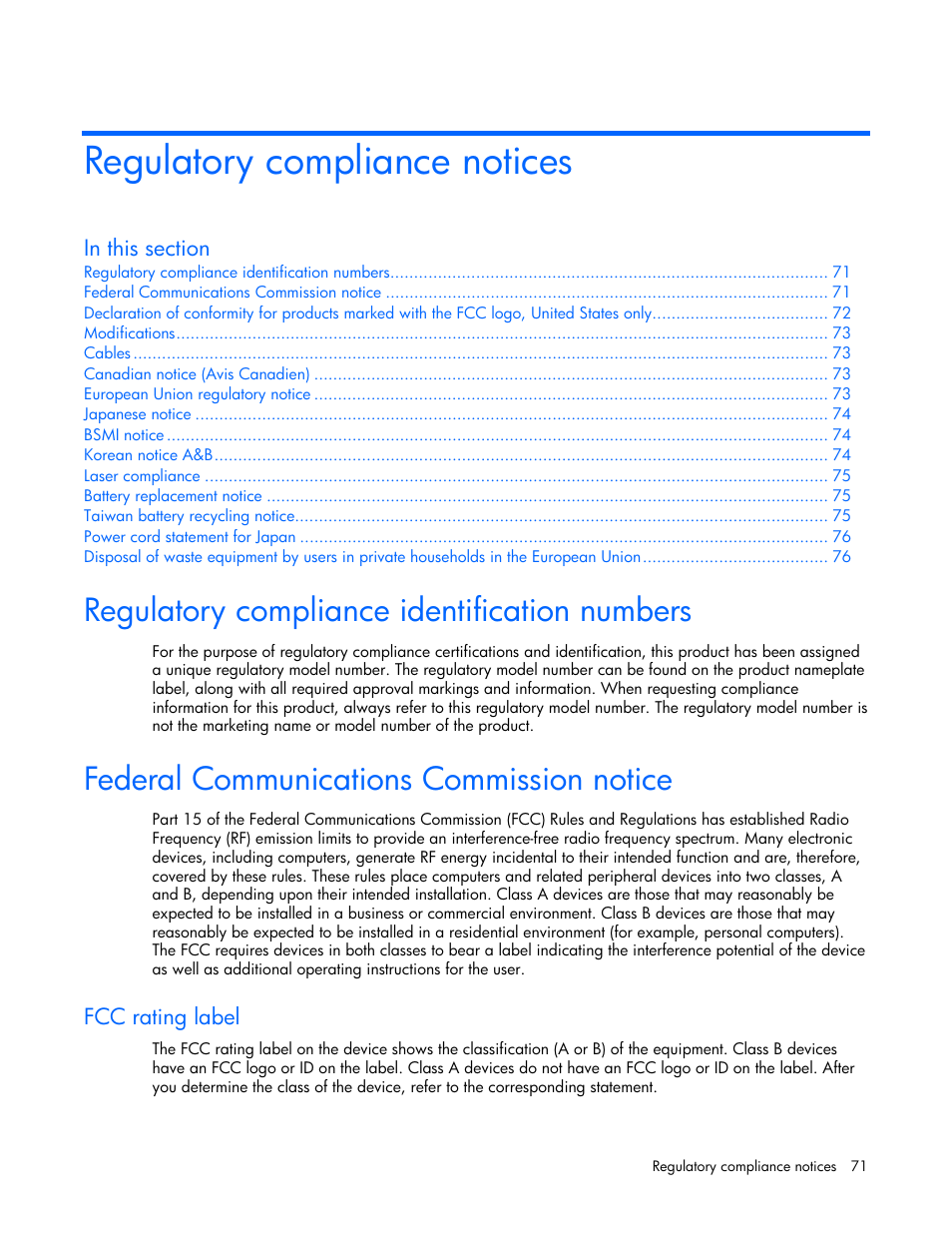 Regulatory compliance notices, Regulatory compliance identification numbers, Federal communications commission notice | Fcc rating label | HP AMS DL320 User Manual | Page 71 / 86