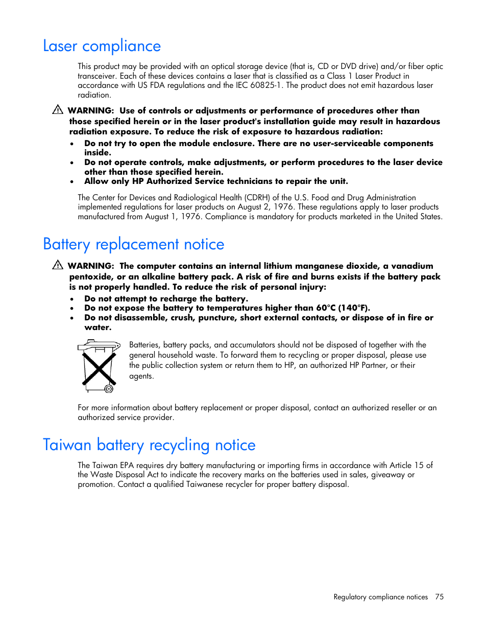 Laser compliance, Battery replacement notice, Taiwan battery recycling notice | 75 battery replacement notice, 75 taiwan battery recycling notice | HP AMS DL320 User Manual | Page 75 / 86