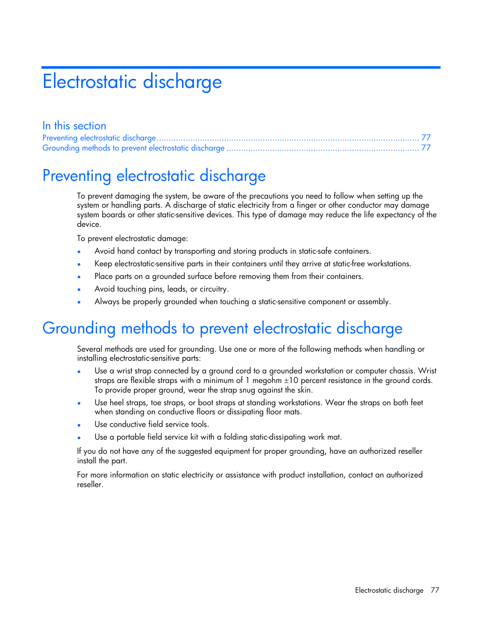 Electrostatic discharge, Preventing electrostatic discharge | HP AMS DL320 User Manual | Page 77 / 86