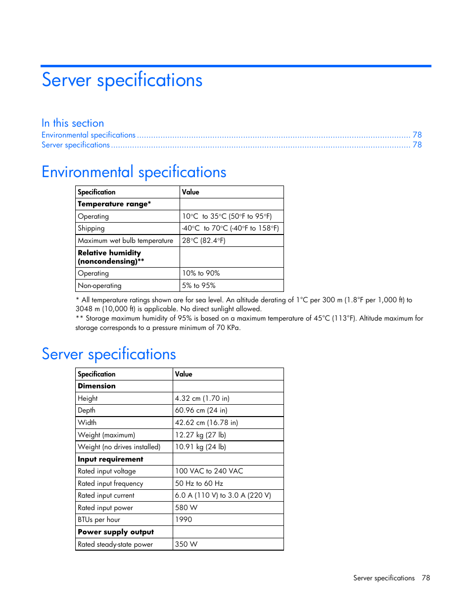 Server specifications, Environmental specifications | HP AMS DL320 User Manual | Page 78 / 86