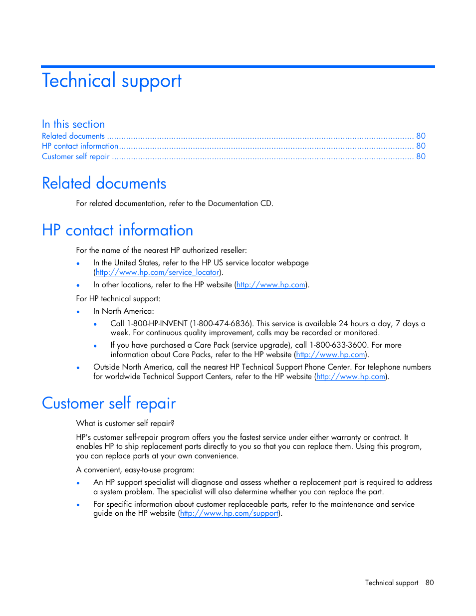 Technical support, Related documents, Hp contact information | Customer self repair | HP AMS DL320 User Manual | Page 80 / 86