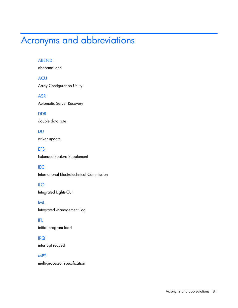 Acronyms and abbreviations | HP AMS DL320 User Manual | Page 81 / 86