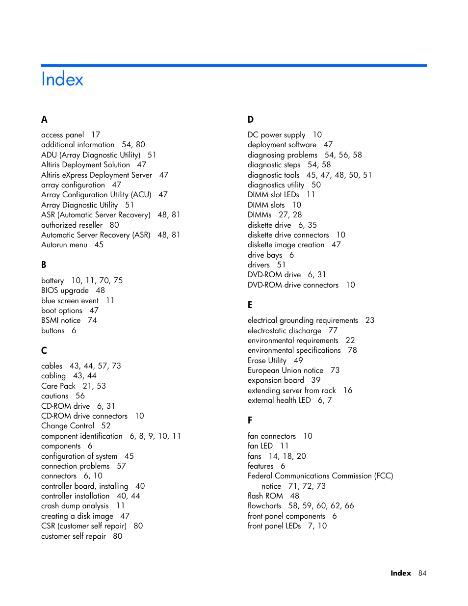 Index | HP AMS DL320 User Manual | Page 84 / 86