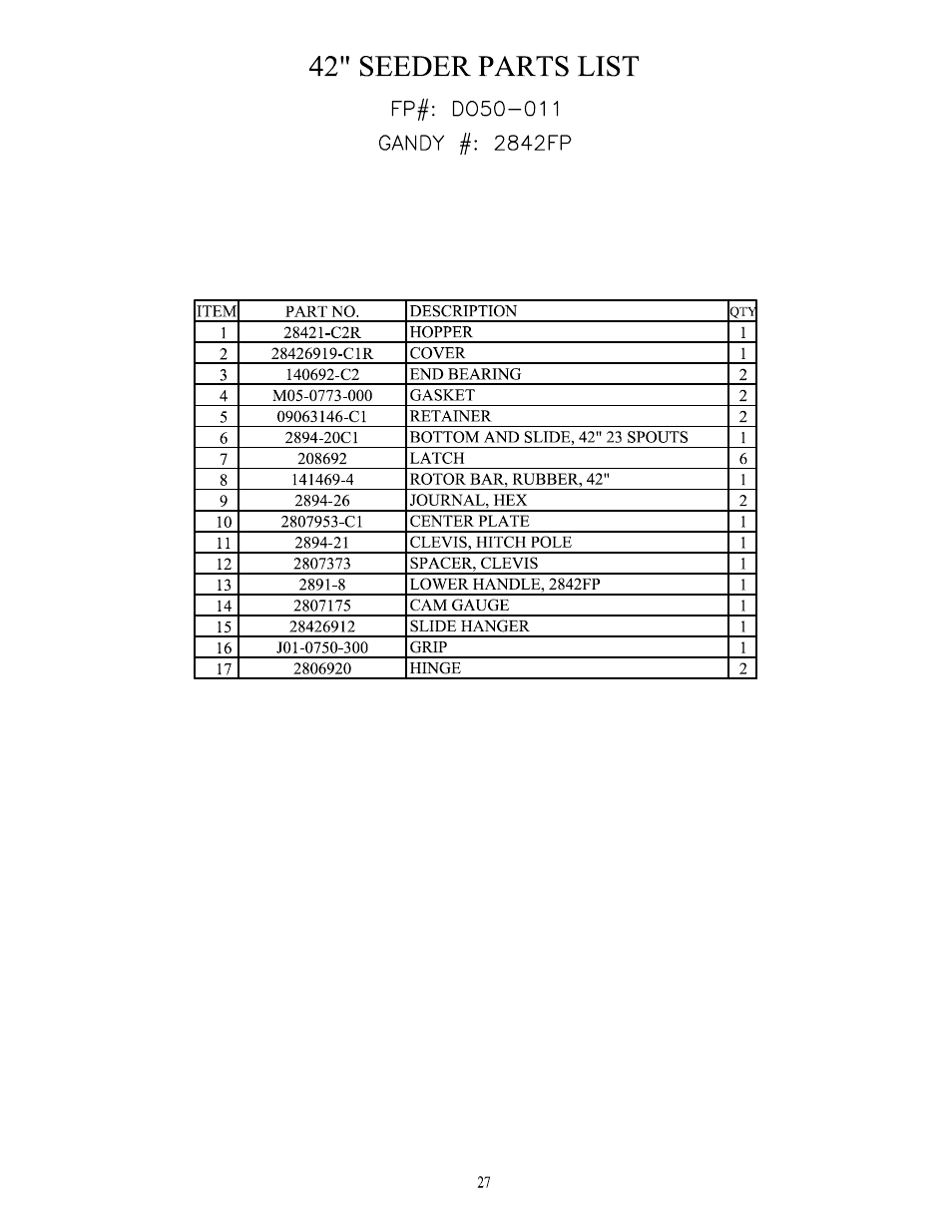 42” seeder parts list, 42” seeder | HP AE40L User Manual | Page 28 / 31
