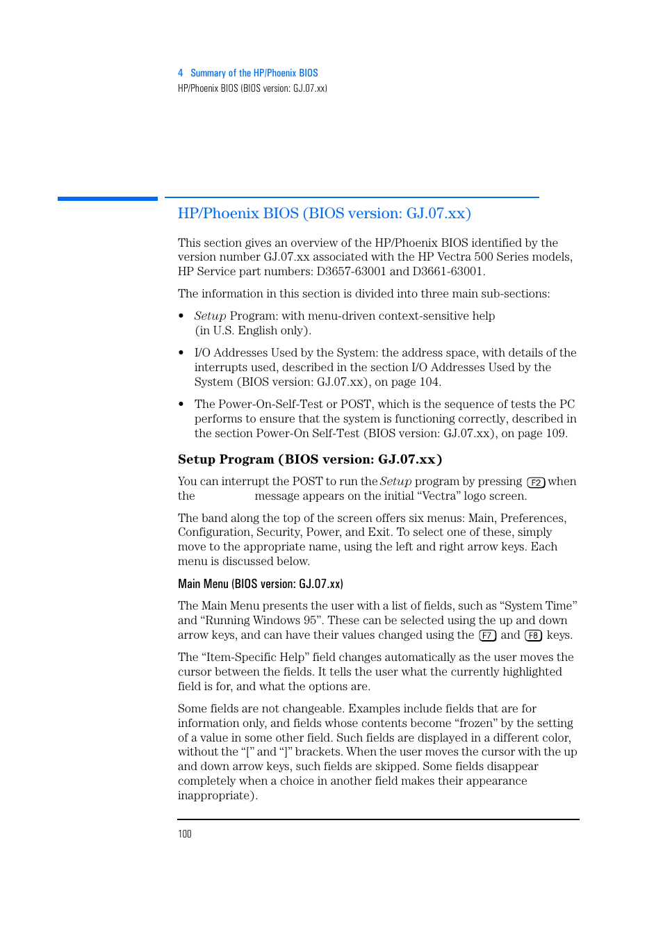 Hp/phoenix bios (bios version: gj.07.xx), Setup program (bios version: gj.07.xx), Main menu (bios version: gj.07.xx) | HP Vectra 500 Series User Manual | Page 100 / 146