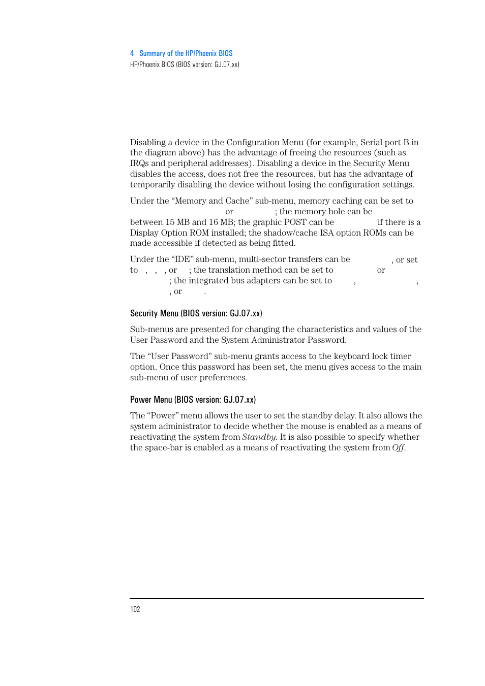 Security menu (bios version: gj.07.xx), Power menu (bios version: gj.07.xx) | HP Vectra 500 Series User Manual | Page 102 / 146