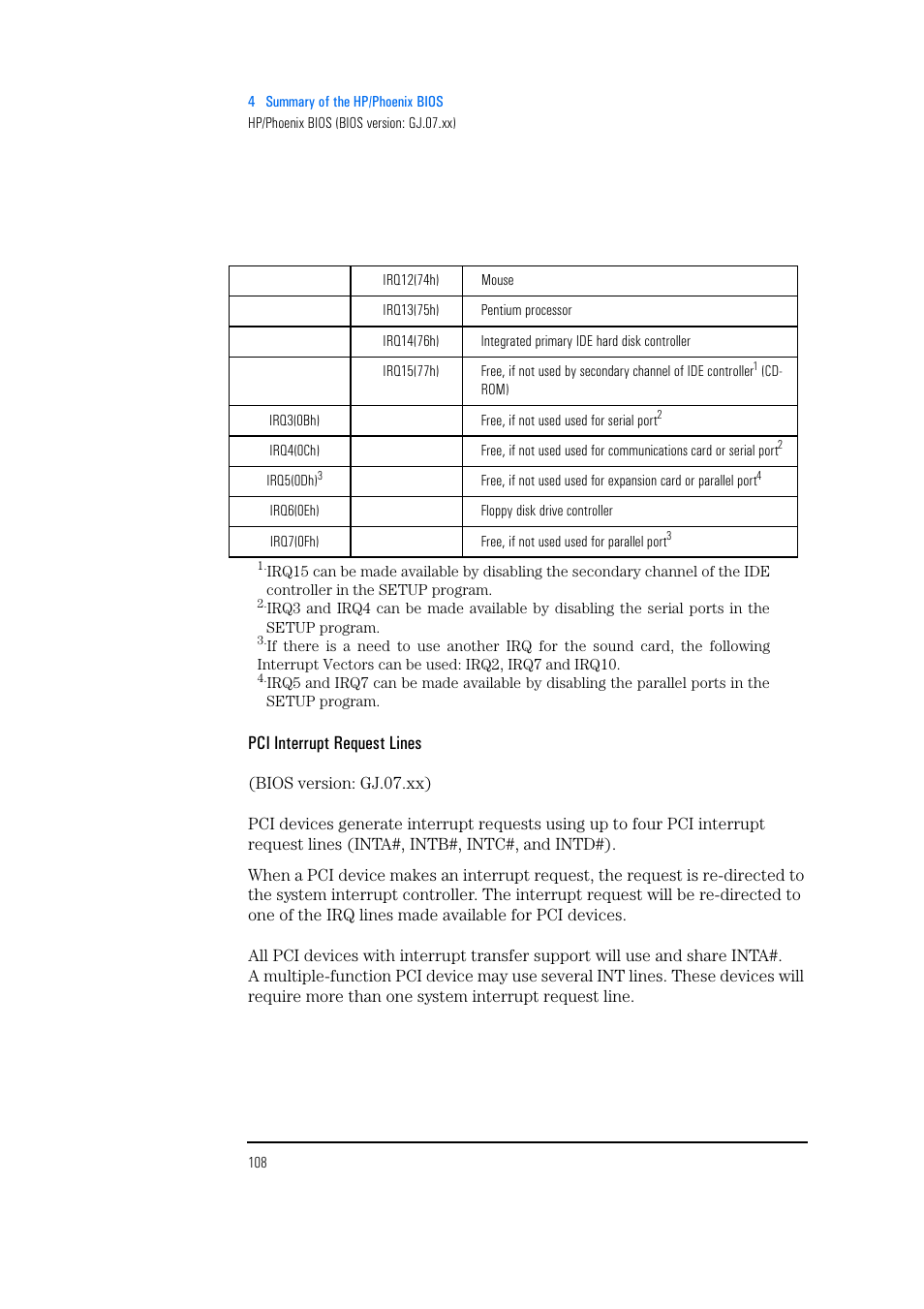 Pci interrupt request lines | HP Vectra 500 Series User Manual | Page 108 / 146