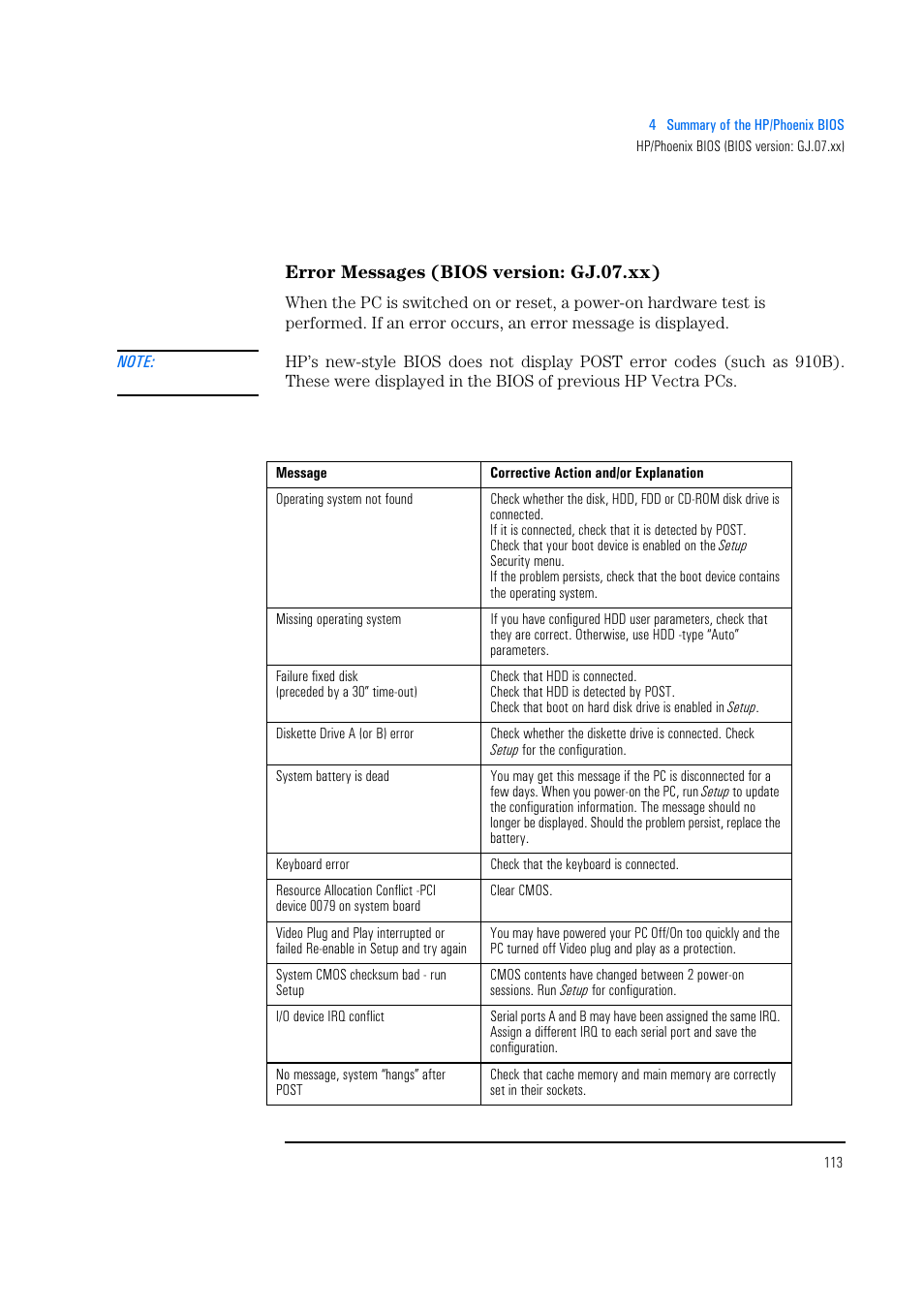 Error messages (bios version: gj.07.xx) | HP Vectra 500 Series User Manual | Page 113 / 146