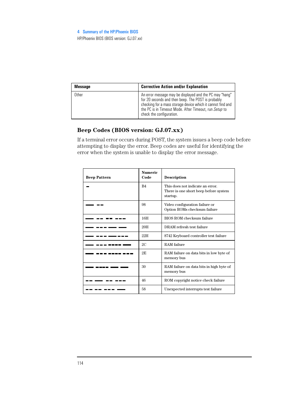 Beep codes (bios version: gj.07.xx) | HP Vectra 500 Series User Manual | Page 114 / 146