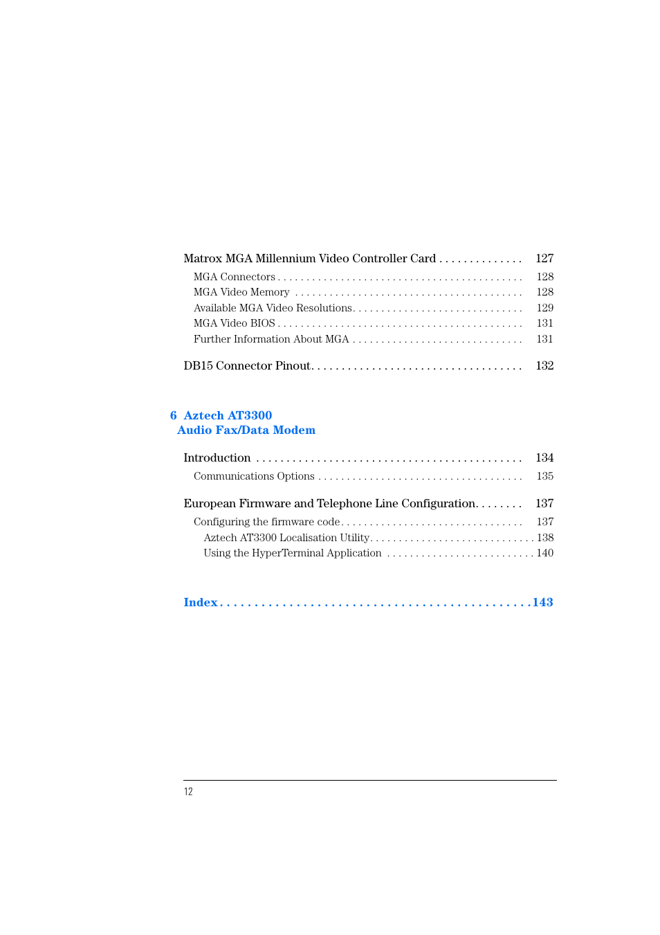 6 aztech at3300 audio fax/data modem, Index | HP Vectra 500 Series User Manual | Page 12 / 146