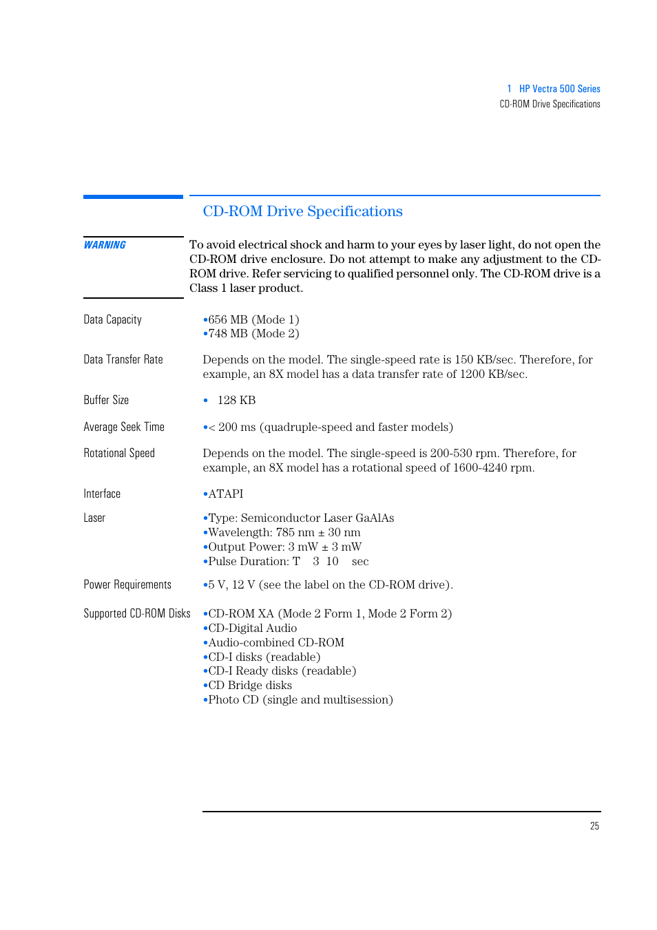 Cd-rom drive specifications | HP Vectra 500 Series User Manual | Page 25 / 146