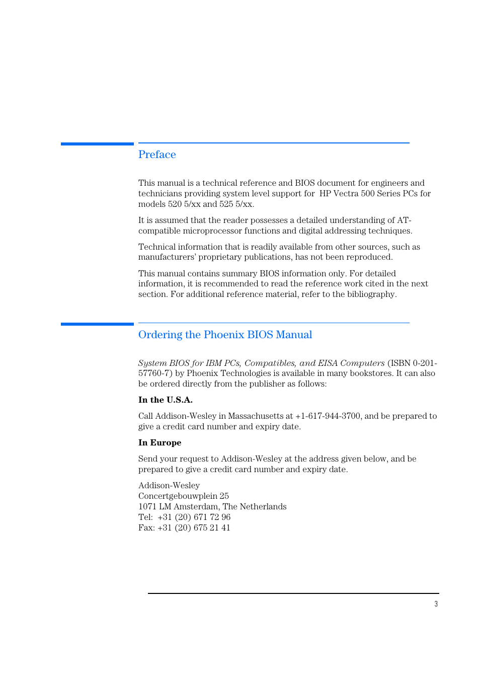 Preface, Ordering the phoenix bios manual | HP Vectra 500 Series User Manual | Page 3 / 146