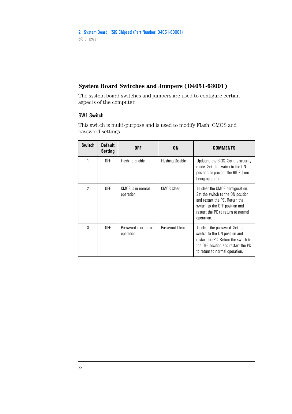 System board switches and jumpers (d4051-63001), Sw1 switch | HP Vectra 500 Series User Manual | Page 38 / 146