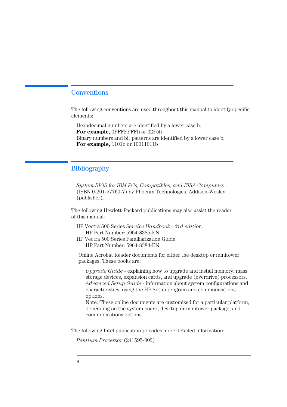 Conventions, Bibliography | HP Vectra 500 Series User Manual | Page 4 / 146