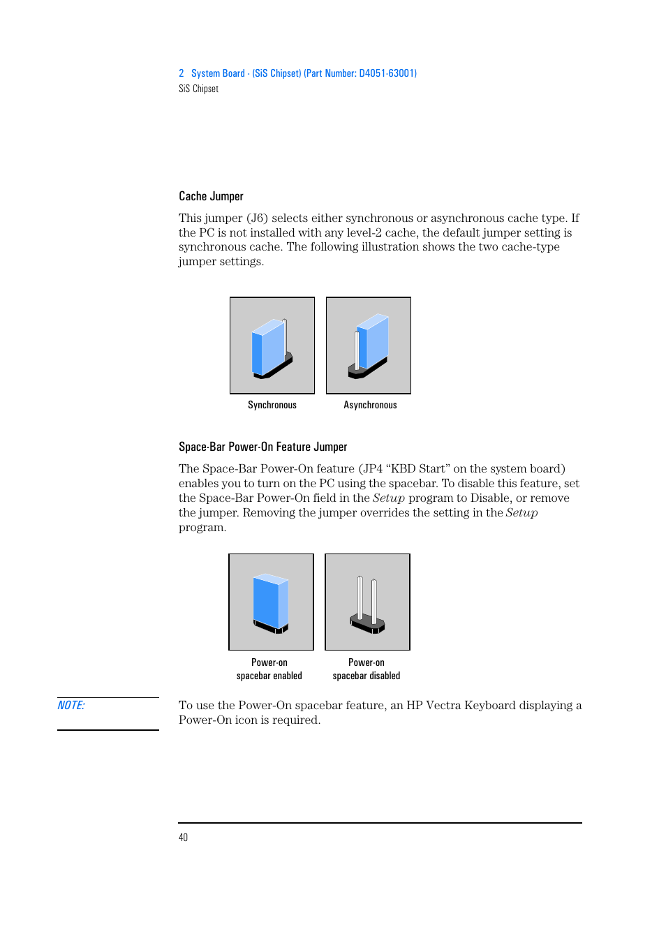 Cache jumper, Space-bar power-on feature jumper | HP Vectra 500 Series User Manual | Page 40 / 146