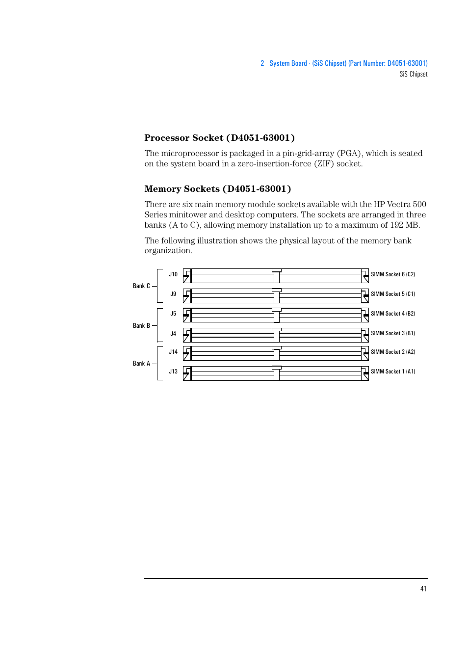 Processor socket (d4051-63001), Memory sockets (d4051-63001) | HP Vectra 500 Series User Manual | Page 41 / 146