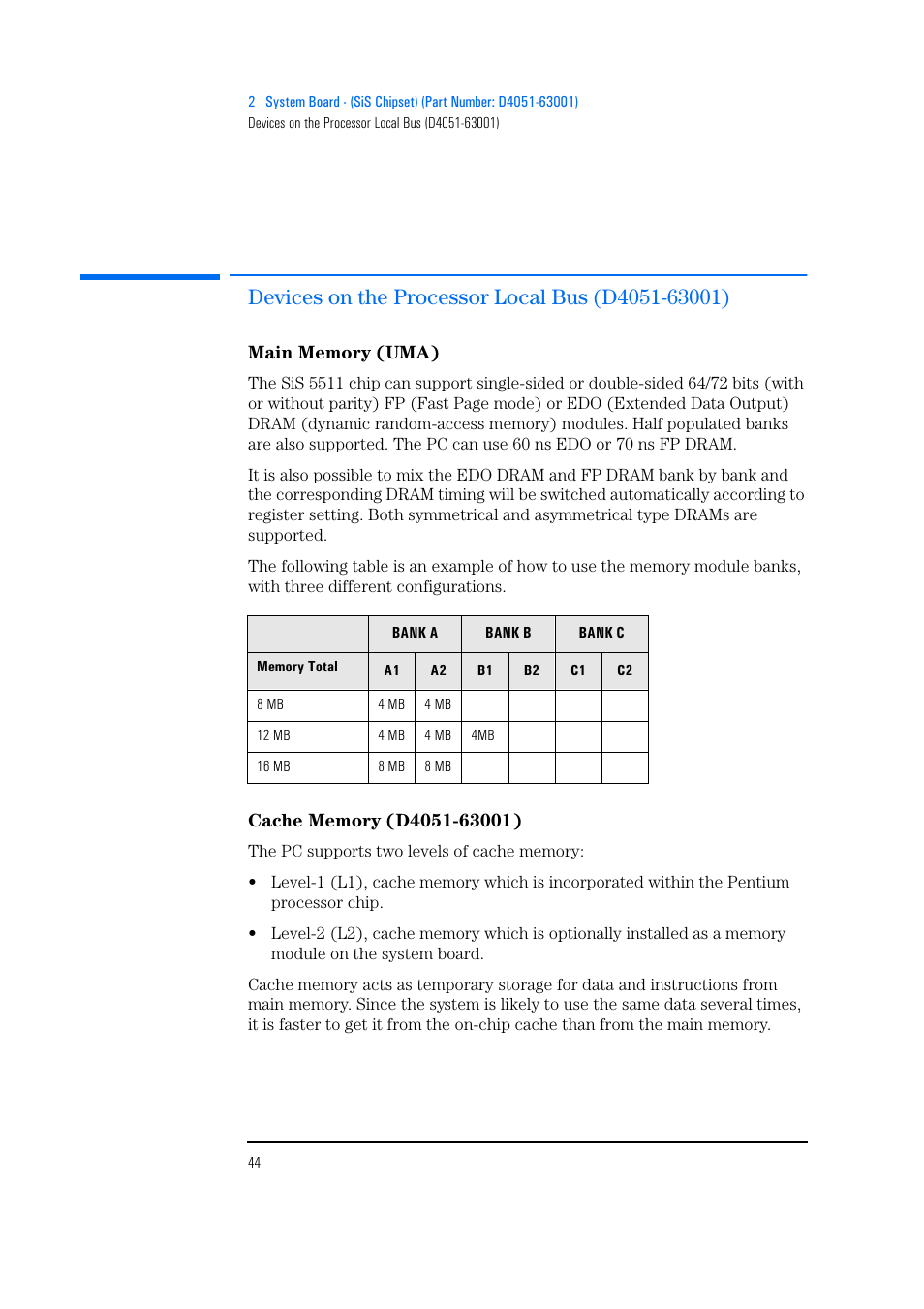 Devices on the processor local bus (d4051-63001), Main memory (uma), Cache memory (d4051-63001) | HP Vectra 500 Series User Manual | Page 44 / 146