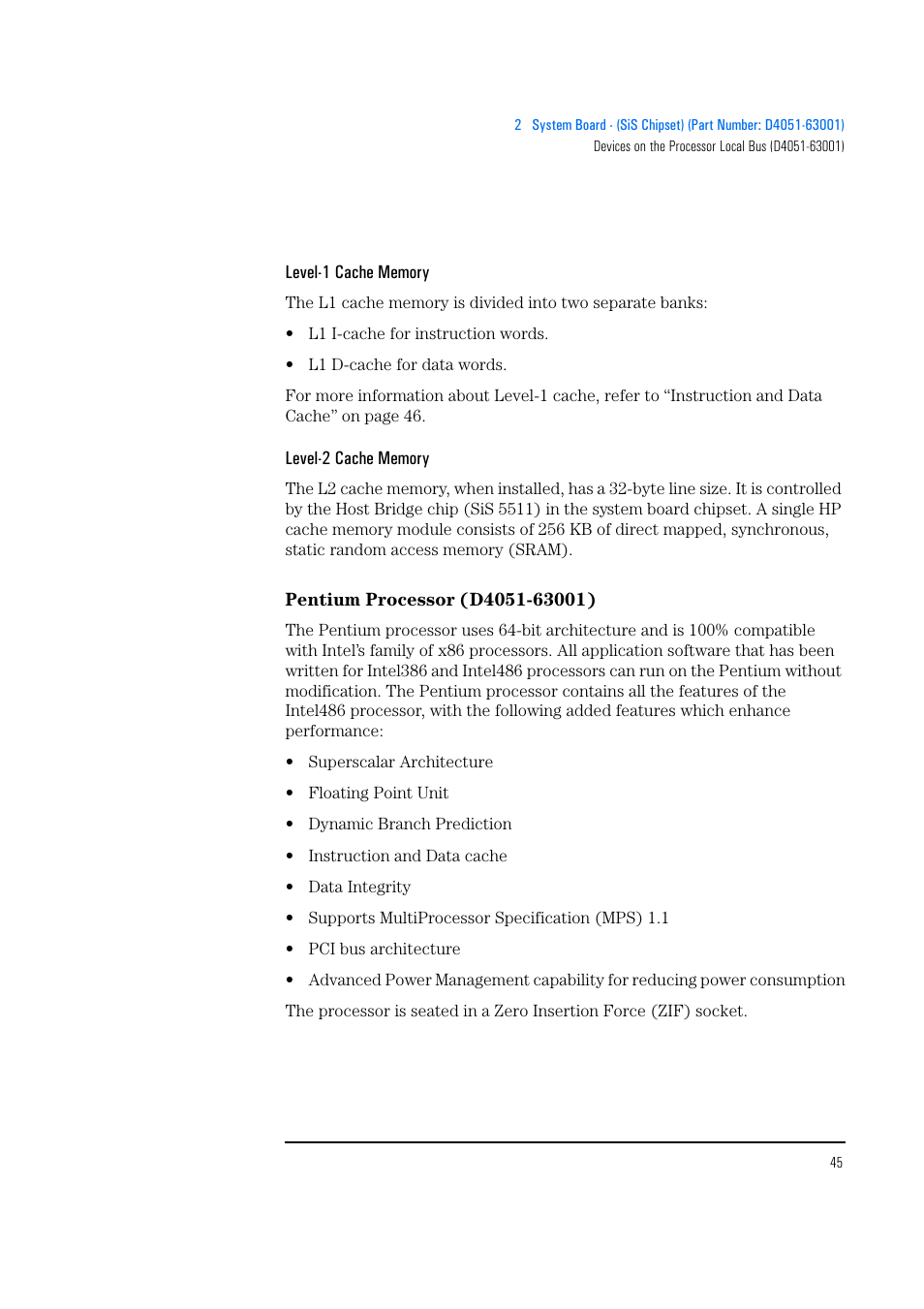 Level-1 cache memory, Level-2 cache memory, Pentium processor (d4051-63001) | HP Vectra 500 Series User Manual | Page 45 / 146