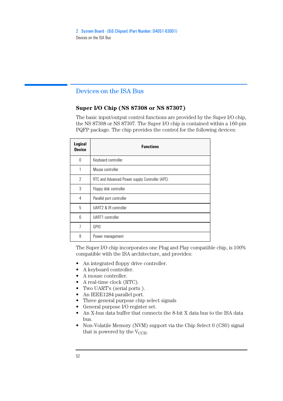 Devices on the isa bus, Super i/o chip (ns 87308 or ns 87307) | HP Vectra 500 Series User Manual | Page 52 / 146